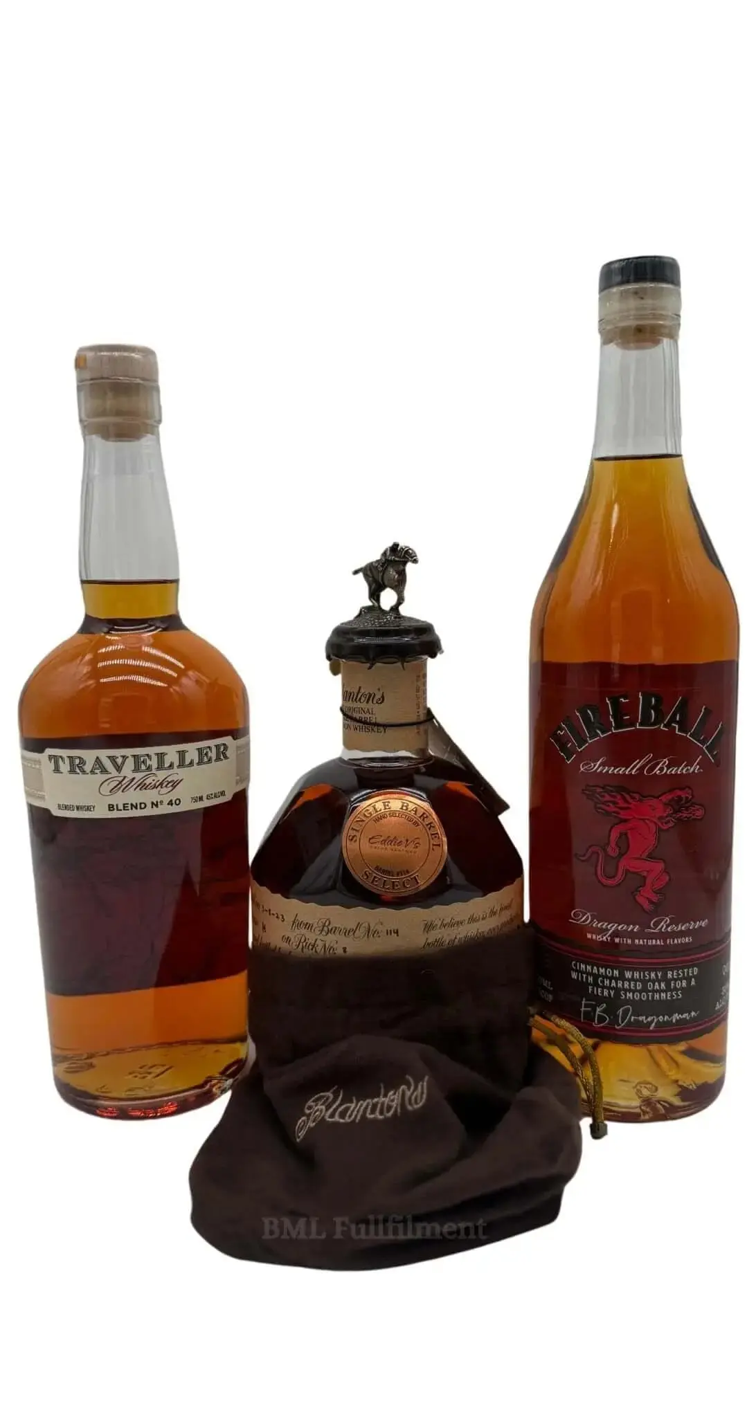 Blanton's Single Barrel Pick By Eddy V's, Traveller Whiskey, and Fireball Dragon Reserve