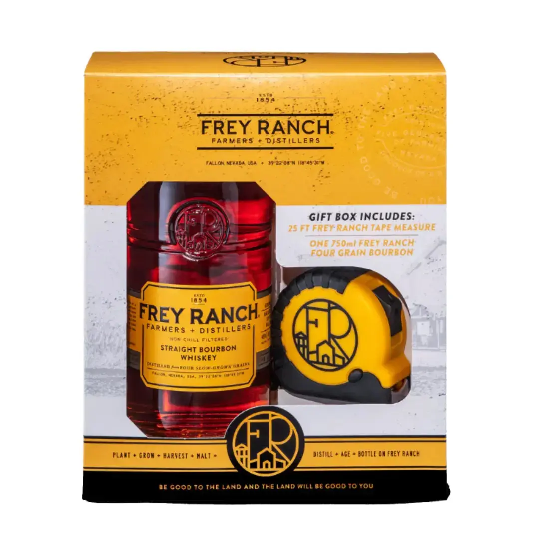 Frey Ranch Four Grain Straight Bourbon Whiskey Gift Set with 25 ft Tape Measure