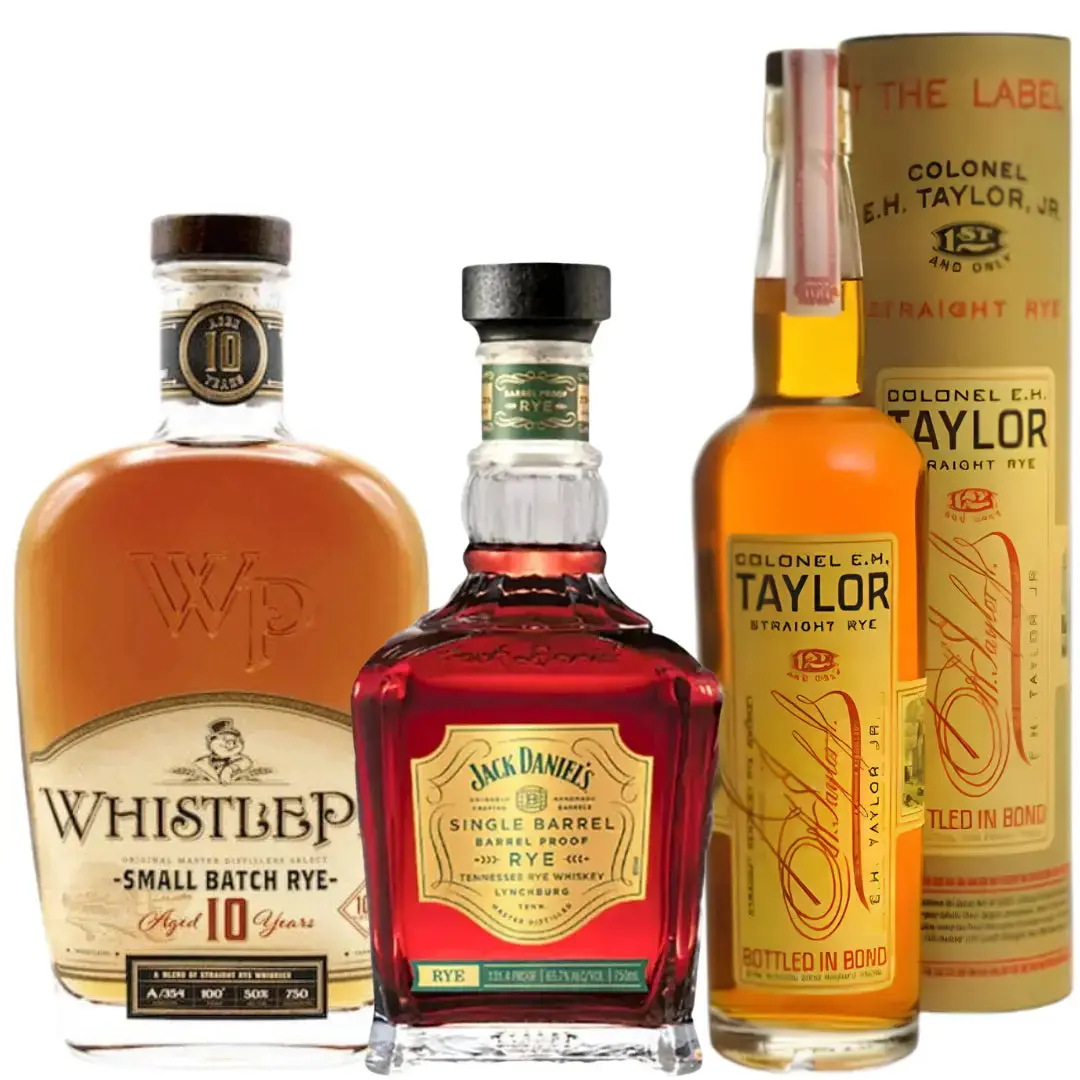 Rye Whiskey Collector Premium Pack: Jack Danielās Barrel Proof, Whistlepig 10 Year Rye, Colonel E.H. Taylor, Jr. Straight Rye